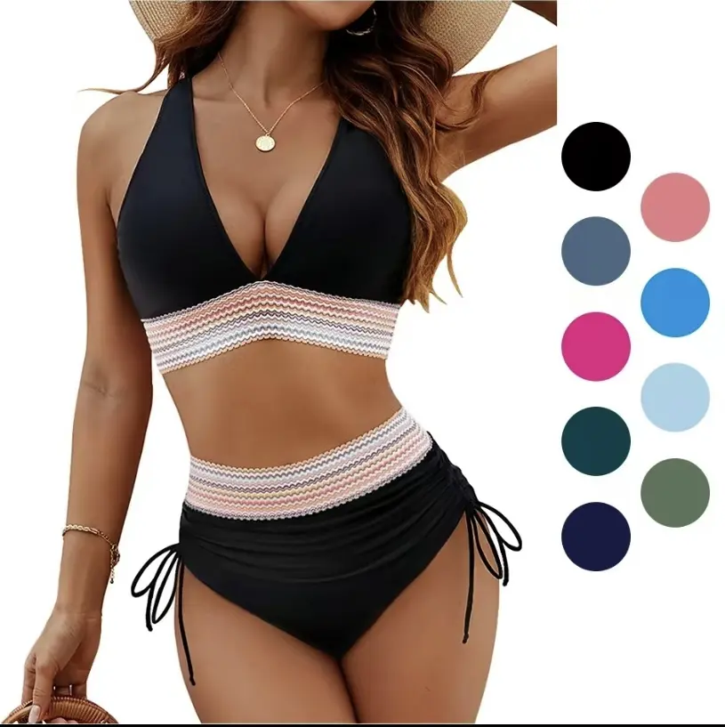 Women 2-pieces Stylish mom High Waisted Bikini    Sets Tummy Control Swimsuits with Adjustable Wide Shoulder Straps Color Block Drawstring Bathing Suit