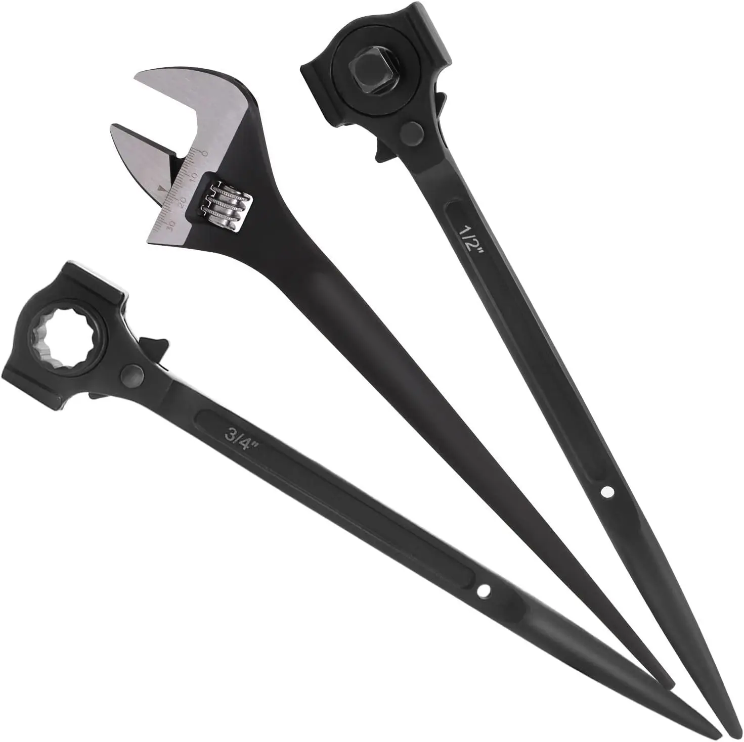 3 Pack 12 In. Spud Wrench Ratchet Set, 3/8" x 1/2" Dual Driver Ratchet, 3/4" x 7/8" Dual Socket Scaffold Spanner and 12 in. Spud Adjustable Wrench