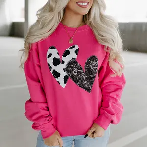Cow & Sequin Double Heart Patch Graphic Sweatshirt