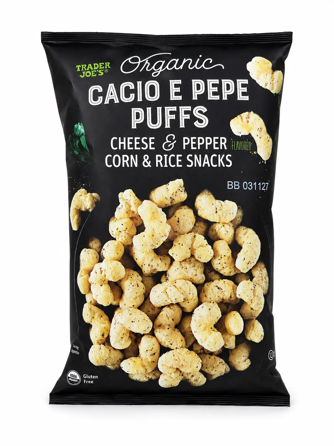Trader Joe‘s Organic Cacio E Pepe Puffs Cheese & Pepper Flavored Corn & Rice Snacks