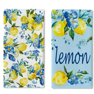Watercolor Lemon Blue Flower Kitchen Dish Towels Set of 2, Spring Summer Citrus Fruit Floral Drying Hand Towel Baking Cooking Cloth, Mediterranean Plant Botanical Bathroom Home Decor 16'' x 24''