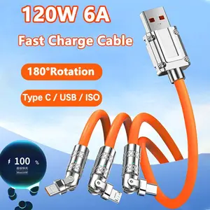 3 In 1 Elbow Fast Charge Cord 120W Micro USB Type-C Multiple USB Phone Cables Liquid Silicone For Xiaomi 13 Samsung IPhone 14 13
