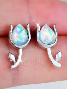 White Fire Synthetic Opal Water Drop Pink Stone Flower Earrings For Women Pink Gold Silver Color Wedding Jewelry Valentine's Day Gift