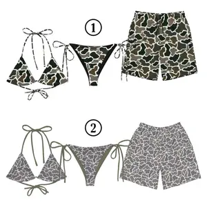 Matching Couple Duck Camo Swimwear, Women’s Tie Side Thong Bikini & Swim Bra + Men’s Mesh Shorts,  Outfits For Summer