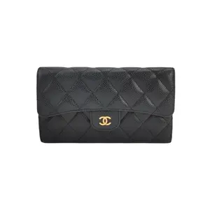 Pre-owned CHANEL Leather Clutches & Wristlets Classic Flap Long Wallet in Black Caviar with Gold Hardware