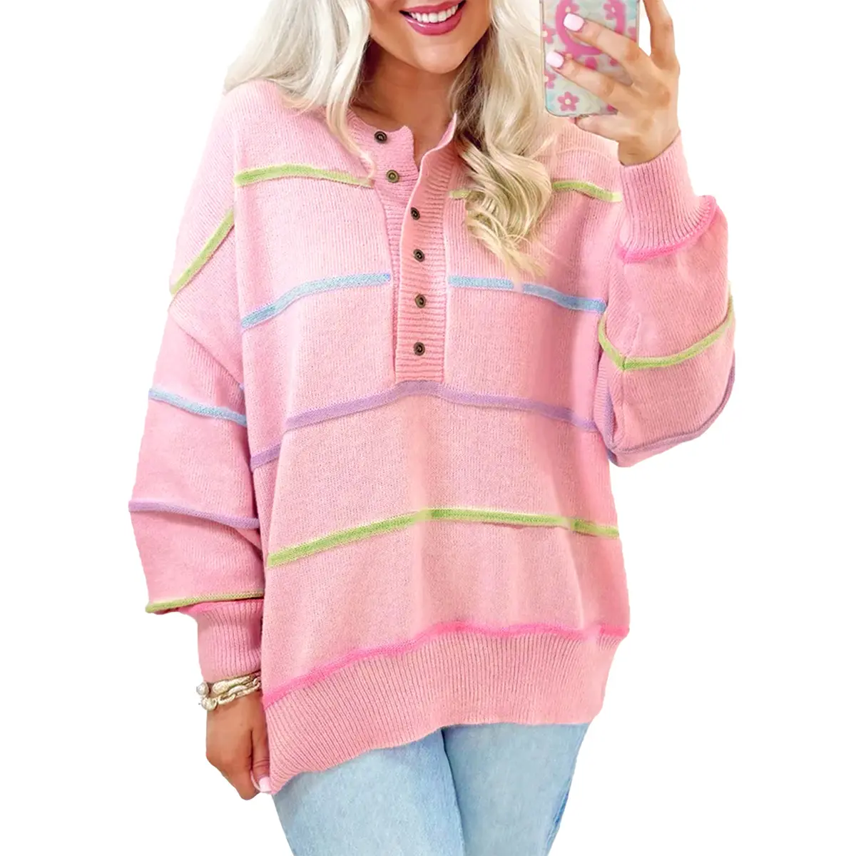 Mntaor Women's Rainbow Stripes Winteroutfit Drop Shoulder Baggy Henley Sweater Trendy 2025 Fall Winter Clothes Casual Fashionable Comfortable