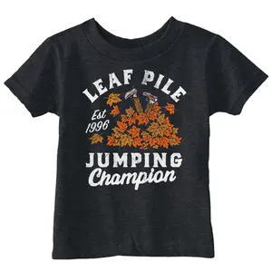 Toddler Funny T Shirts Leaf Pile Jumping Champion Sarcastic Fall Graphic Novelty Tee For Young Kids Funny Toddler Shirts Halloween Apparel for Toddler Childrens Graphic Tees Black -