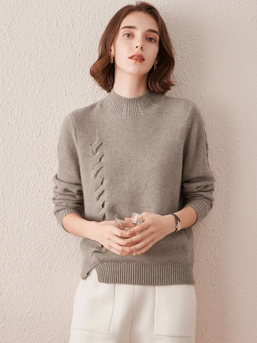 COMOBOCA Women's 100% Cashmere Cable Knit Knitwear Top, Long-Sleeve Fitted Casual Sweater with Soft Figure-Flattering Design, Ribbed Hem, Ribbed Cuffs for Cozy Winter Wear