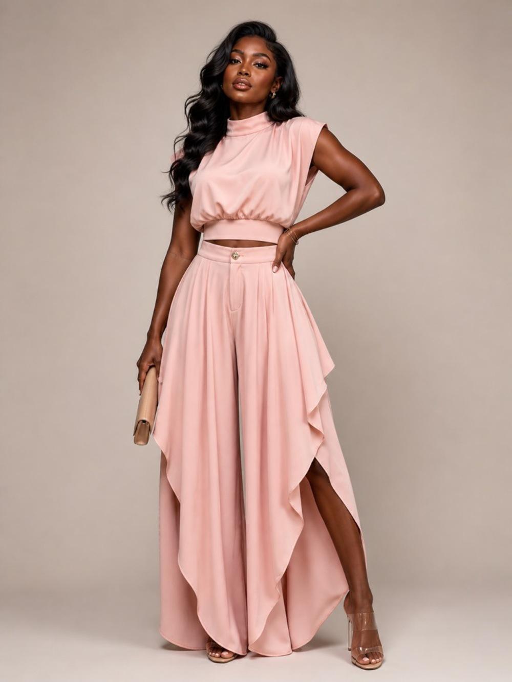 Women's 2-Piece Loose French Minimalist Summer Clothing Set - High-Neck Sleeveless Crop Top, Asymmetric Ruffled Wide-Leg Polyester Blend Pants, Oversized, Basic