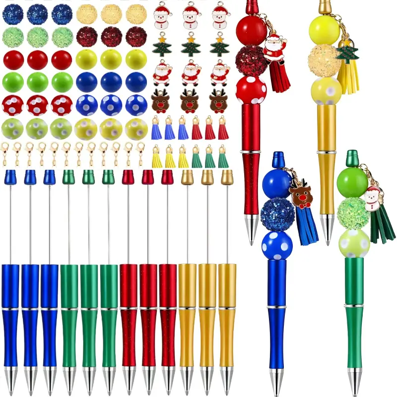 12Pcs Christmas Beadable Pens, Plastic Beadable Pens with Multicolor Silicone Beads, Christmas Snowman Pine Tree Floral Hoop Deer Pens for Christmas Gifts Office School Supplies