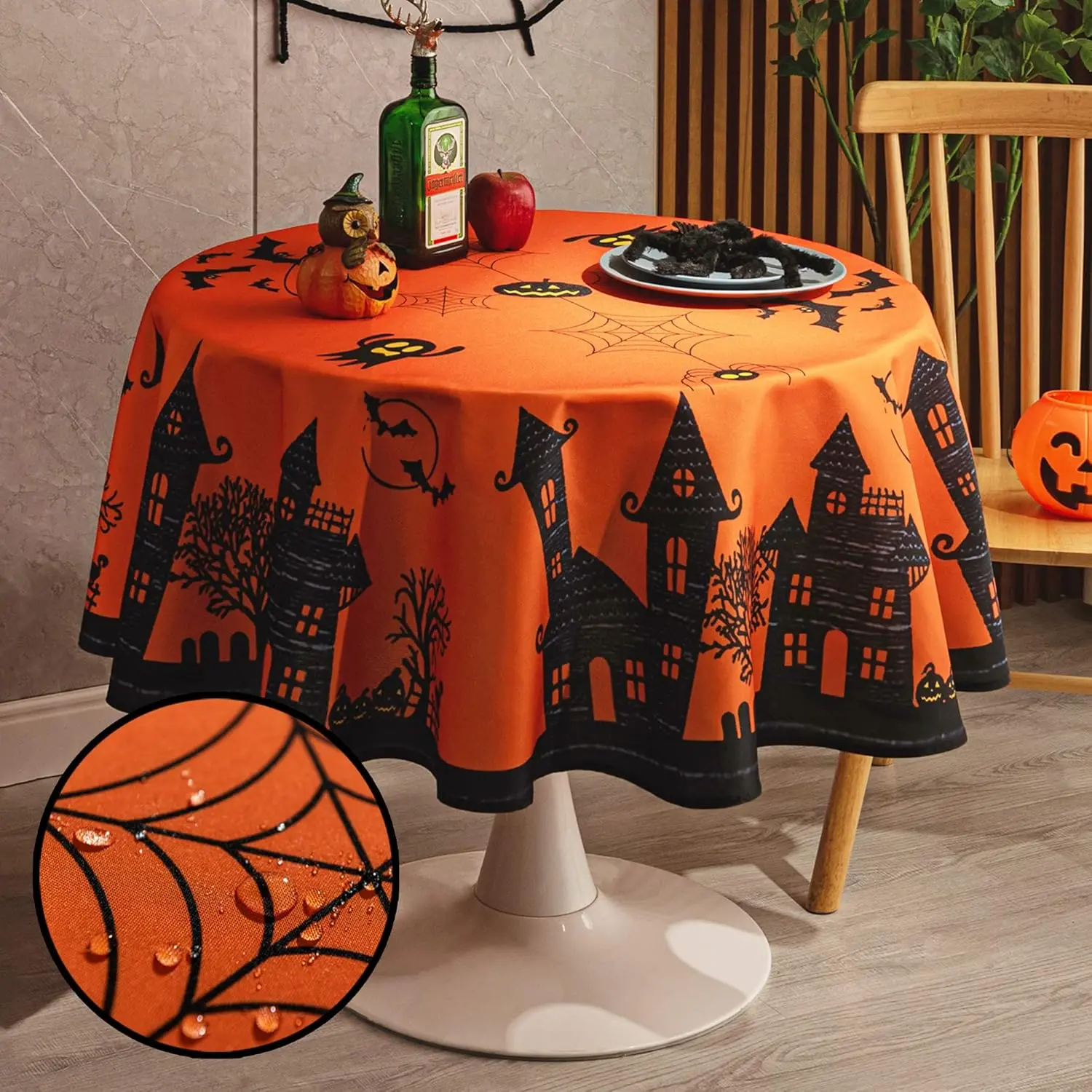 Round Halloween Tablecloth - Haunted House Decorative Holiday Table Cloth,  and Washable Fabric Table Cover for Party Kitchen Dining Room Indoor, 60 Inch