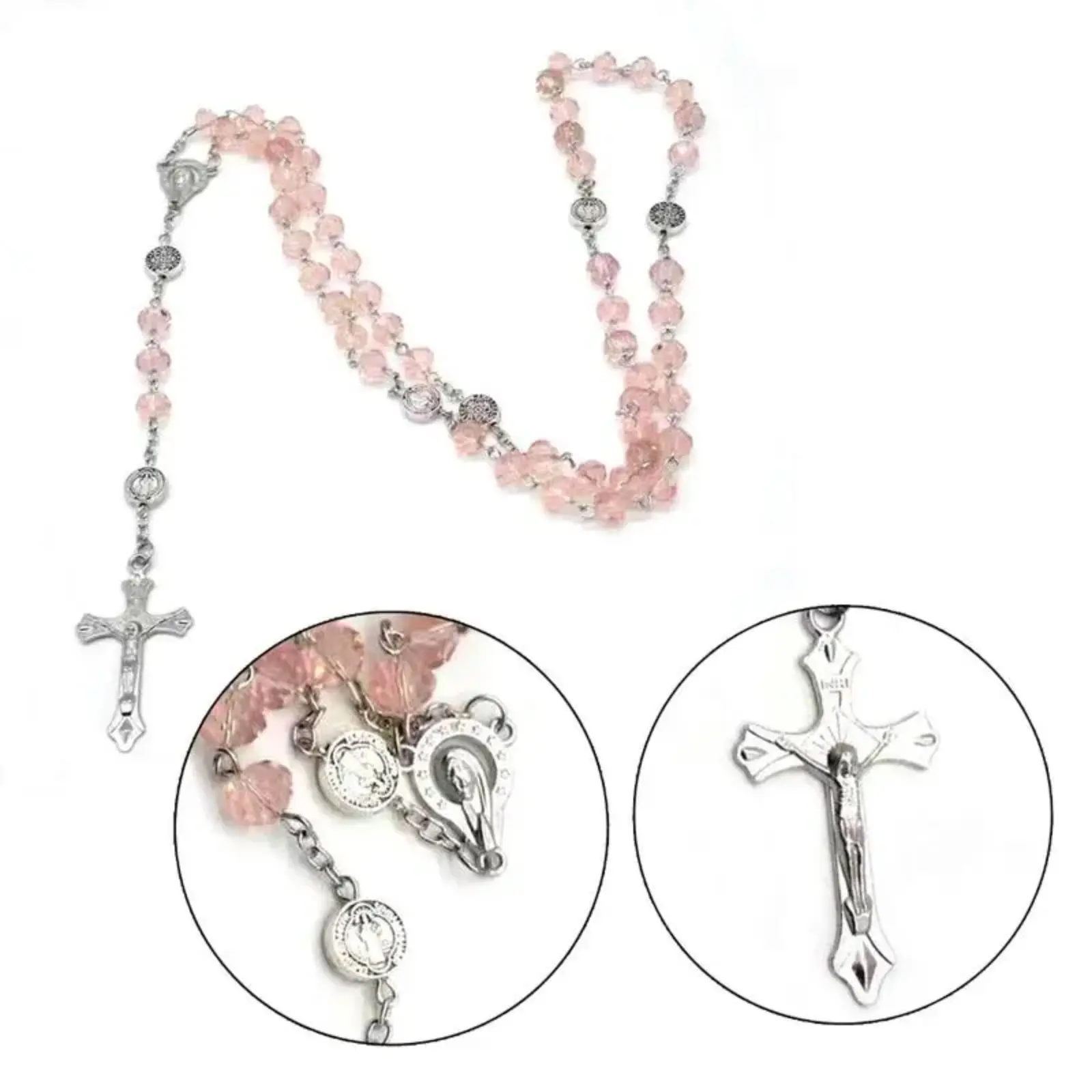 Rosary Necklace with Colorful Crystal Beads and Cross Pendant, Long Chain Catholic Prayer Gift for Men & Women, Pink Beaded Necklace, Beaded Necklaces