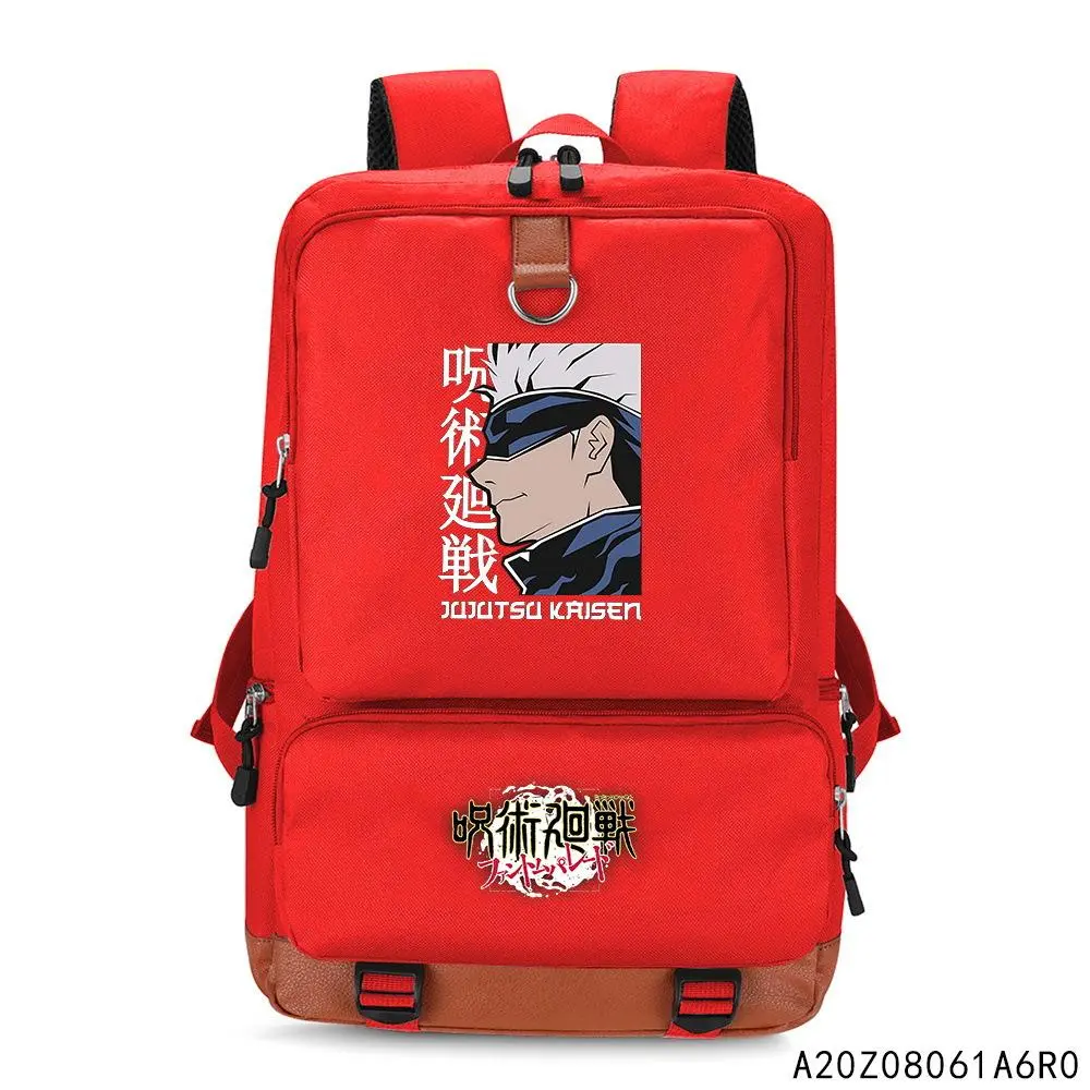 Jujutsu Kaisen Satoru Gojo Red Backpack PU Leather Trim Waterproof Nylon Large Capacity Anime Fan Student Laptop Daypack