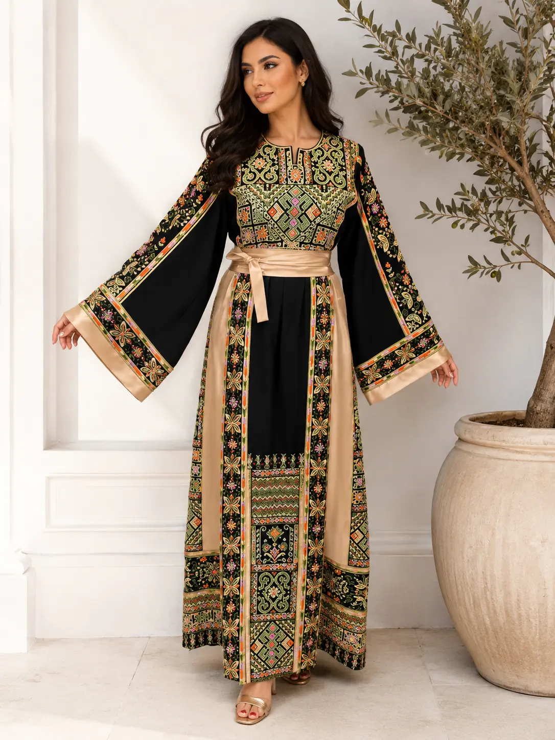 Lady's Women's Clothes - Traditional Palestinian Thobe Dress, Longsleeves Crepe Gown with Geometric Floral Embroidery for Weddings (Modest Islamic Abaya Style)