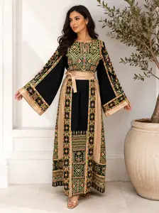Women's Modest Floral Tatreez-Embroidered Jordanian-Palestinian Thobe, Elegant Glossy Long Sleeves Top Style with Fitted Matching Belt