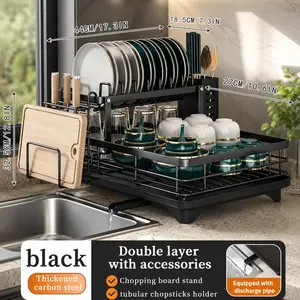 Large Double-Tier Metal Cutlery Organizer Rack for Kitchen Counter, Space-Saving with Knife, Fork, Cup Holders & Shelf Draining Boards, Rustproof Durable Home Organizer Storage Rack to Keep Kitchen Neat