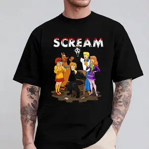 Men's Classic Casual Cotton Asian Sweat Tee - Scooby Scream, It's Always Someone You Know Horror X Cartoon Design, Tropical-Inspired Menswear Top