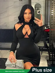 Black Cutout Crisscross Bodycon Dress,High Neck Long Sleeve Mini Dress,Y2K Gothic Sexy Style Clubwear,2025 Trendy Party Cocktail Dress,TikTok Viral Sheer Mesh Dress