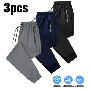 Men’s 3-Pack Lightweight Ice Silk Casual Athletic Pants — Drawstring Waistband, Zipper Pockets, Skin-Friendly and Comfortable, Suitable for Warm Weather and Everyday Wear. clothes male fitness gym