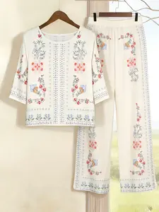 Women's Fashion Chic New Floral Print Crop Top and Pants Set, Casual Daily Wear Fitted Two-Piece, Indoor Outdoor Commuter Clothing