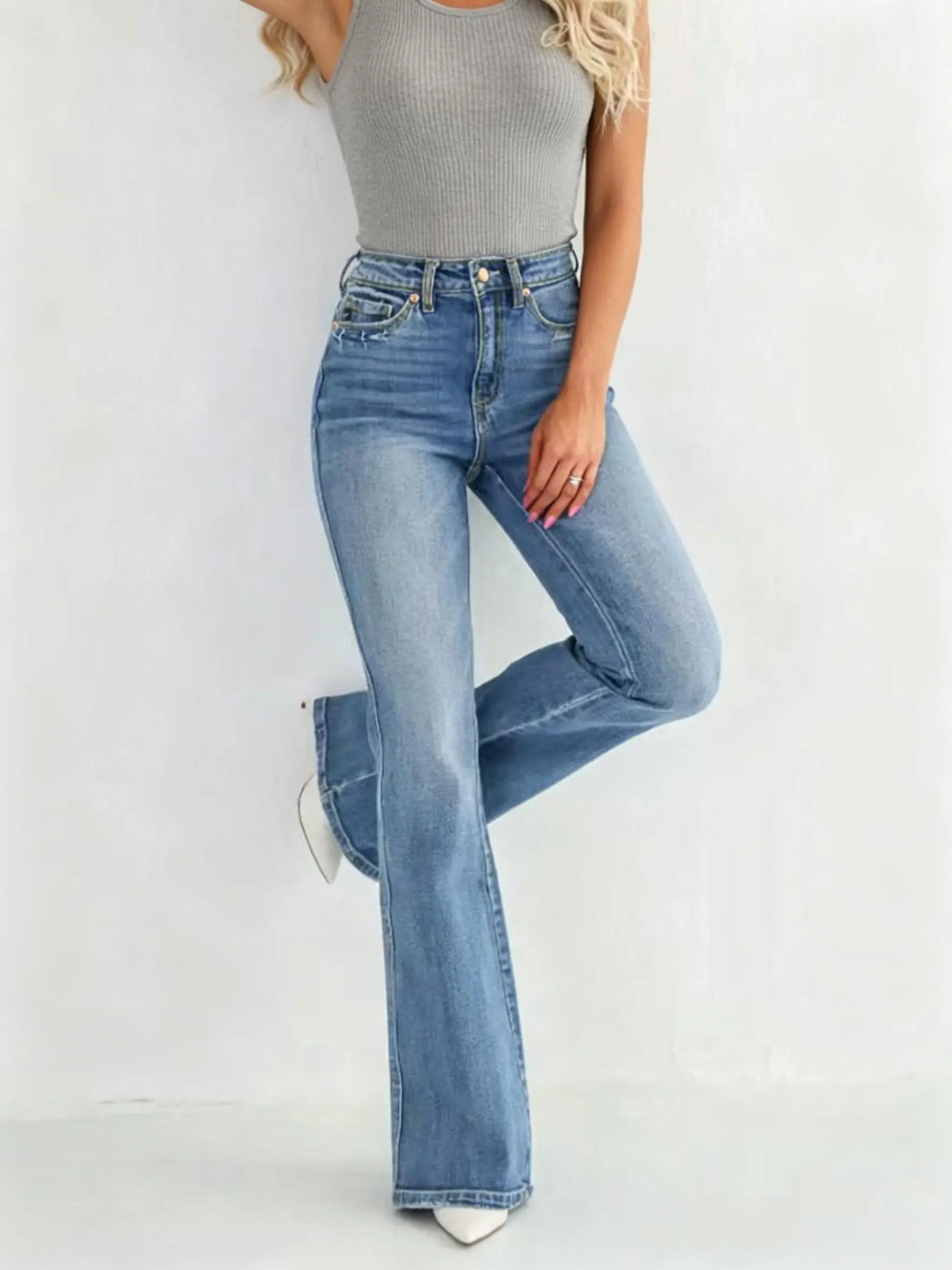 High Waist Light Gradient Wash Slim Full Length Bootcut Flare Jeans