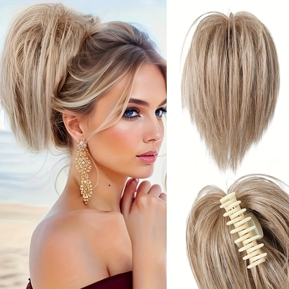 ZIHAN Glueless Clip-In 10" Short Claw Clip Hair Extension, Honey Blonde with Highlights, Natural Soft Synthetic Straight Hair Piece for Women's Messy Bun summerwins
