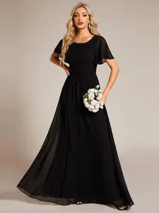 ever KIMORA|Simple Chiffon Pleated A-Line Round Neckline Bridesmaid Dress