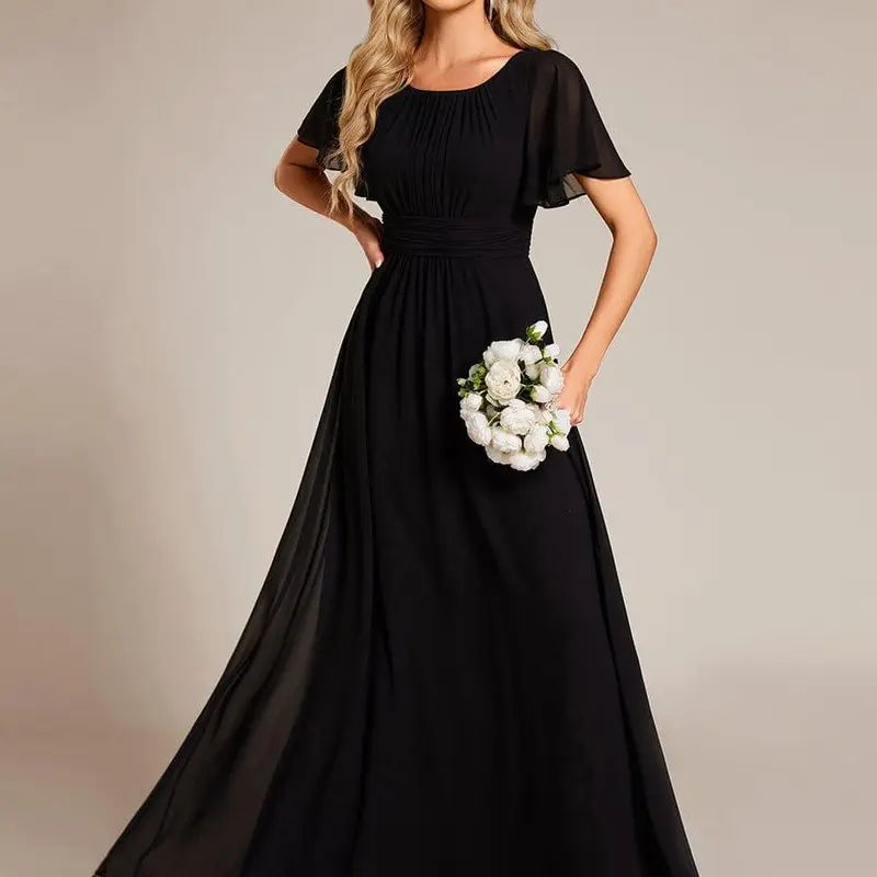 Women's Tailored Soft Fabric Bridesmaid Dress - Elegant A-Line, Short Sleeves, Crew Neck, Breathable Lightweight Pleated Chiffon, Fabric Fit, Zipper, Formal Dress for Beach Weddings, Day Events