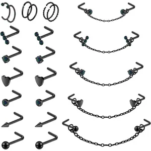 20G Nose Rings Studs with Chain Piercing Across Double Nose Stud Nose Hoop Spike Heart Ball CZ Surgical Steel Nostril Piercing  for Women Men, Black