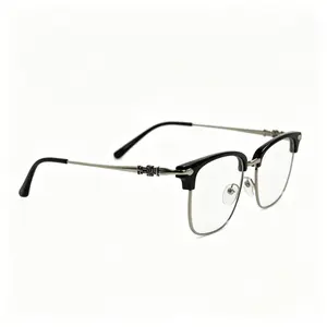 Retro Two-Tone Browline Eyeglasses, Black & Gold Frame Cross Detail Temples Blue Light Lens for Business Work Gaming Daily Wear