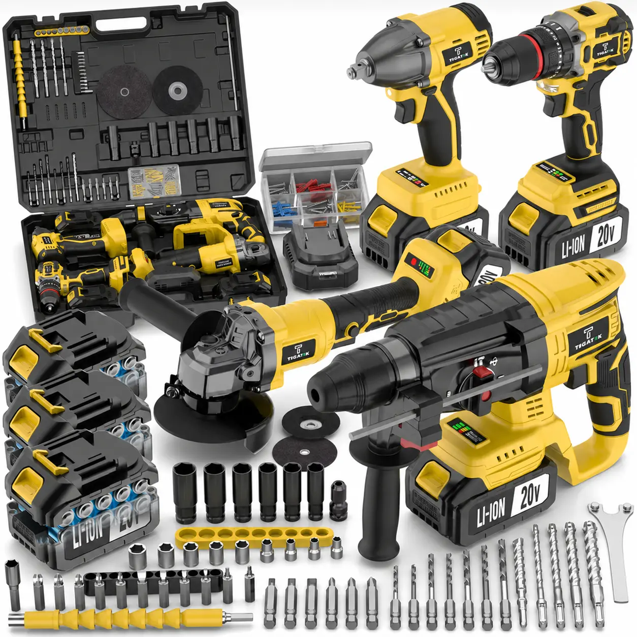 20V Cordless Power Tool Kits, Drill Tool Set, Impact Wrench or Angle Grinder Kits, 4-Tool Combo Option with Rotary Hammer, Batteries Included for Home DIY & Repairs