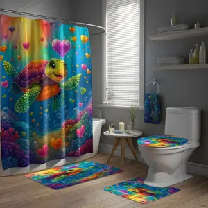 Sea Turtle & Heart Shower Curtain Hooks Set, Polyester Fiber, Bathroom Decor, Includes Toilet Seat Cover, Shower Curtain Sets