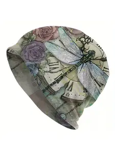 Men's Novelty Beanie Hat, Dragonfly Print, Flower Hat, Fashionable Knit, Polyester & Spandex Blend, Unisex No-Brim Cap, Sporty Headwear