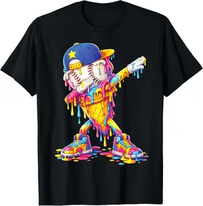 Dabbing Baseball Ice Cream Drip Funny Baseball Player T-Shirt - Cotton Fabric Youth Boys Girl T-shirt