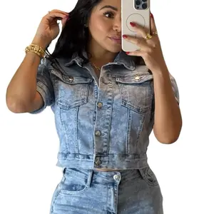 Luna Denim Shortsleeve Jacket with Glitter and Flower Wash Design - Stylish Fitted Piece for Women's Casual Wear - Versatile Top for Layering