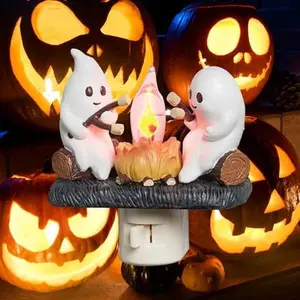 Ghost Campfire Flickering Nightlight - 3D LED Small Electric Faux Campfire Night Light with Spooky Fire Marshmallow Design for Indoor Decorations & Halloween Gifts