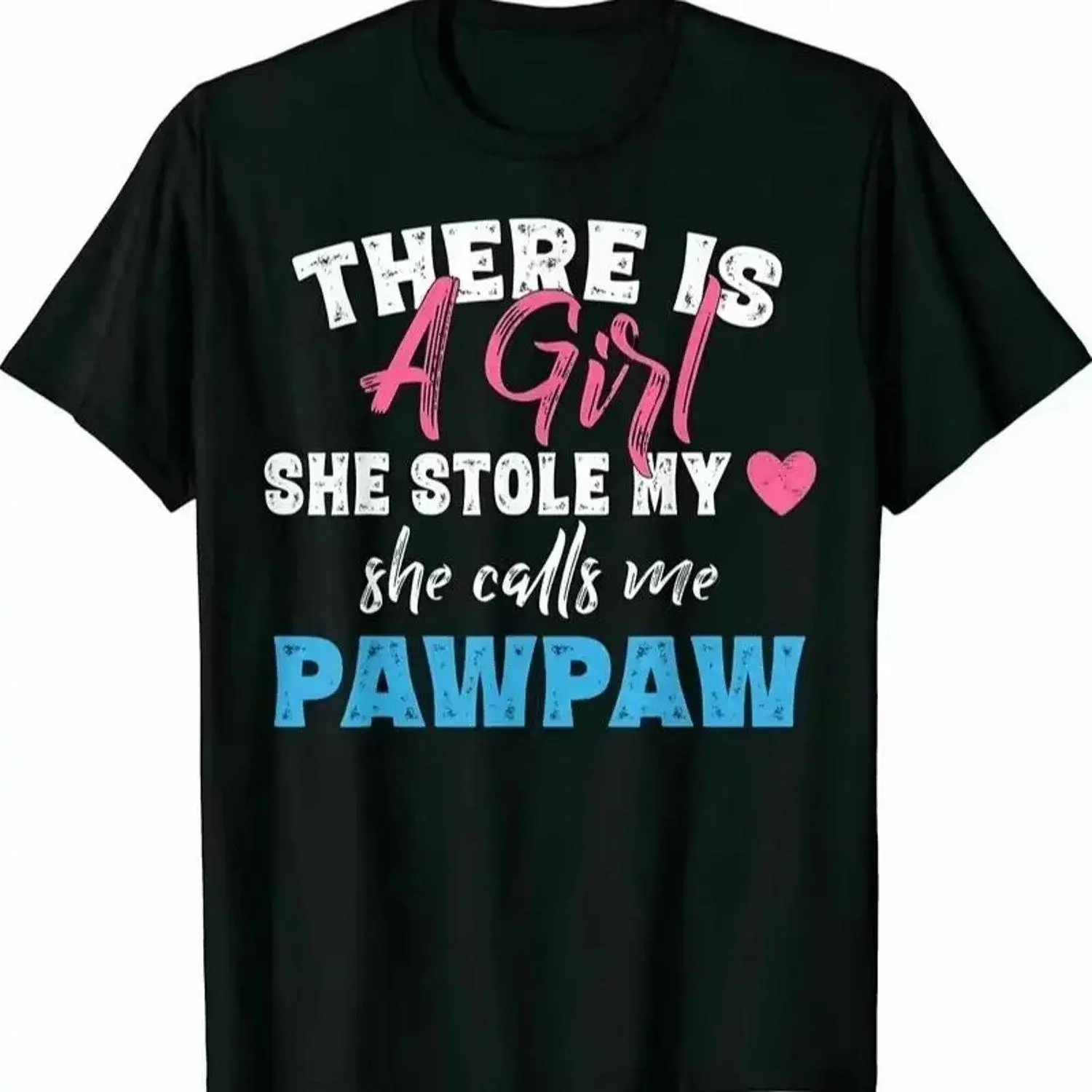Men's 100% Cotton Short-Sleeve Casual Round Neck T-Shirt with "She Stole My Heart, Calls Me Pawpaw" Grandfather-Granddaughter Heart Graphic, Soft Breathable Fabric, Relaxed Casual Fit, Father's Day Gift, Shortsleeve, Fathersday, All Season