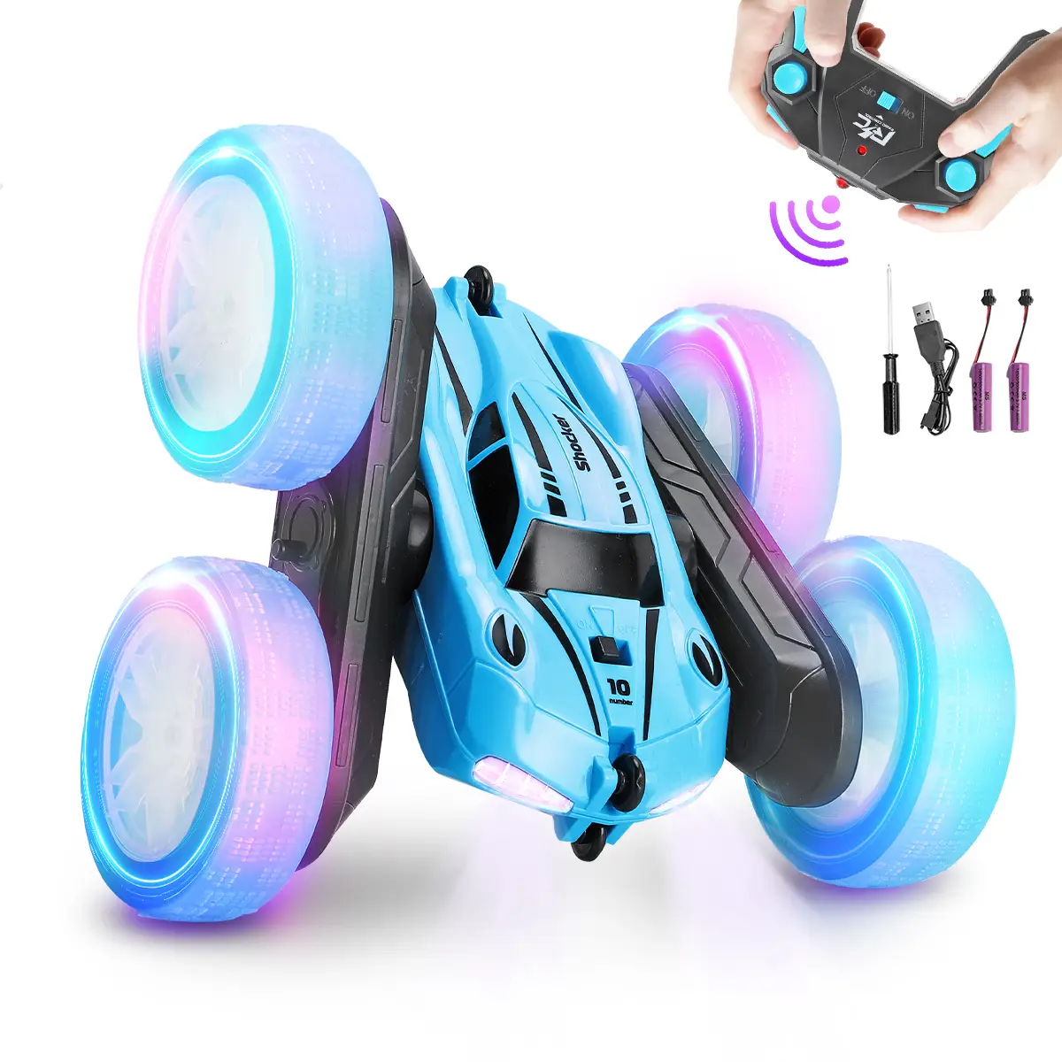 Fygurso Remote Control Car RC Cars with Sides Light Strip and Headlights Double Sided 360 Flips Rotating RC Stunt Car,2.4Ghz All Terrain Toys for Kids