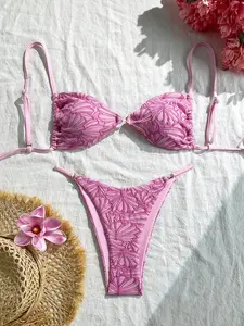 Sibrian  2pcs Set Summer Beach Vacation Textured Fabric Spaghetti Strap Gold Decor Strapless Bra Top And Bikini Swimwear Set For Women