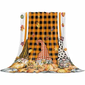 Fall Thanksgiving Throw Flannel Blanket for Couch Sofa Bed, Gnomes Orange White Pumpkin Plaid Microfiber Soft Fleece Blankets All Season Warm Cozy Bedding for Women Men Kids,