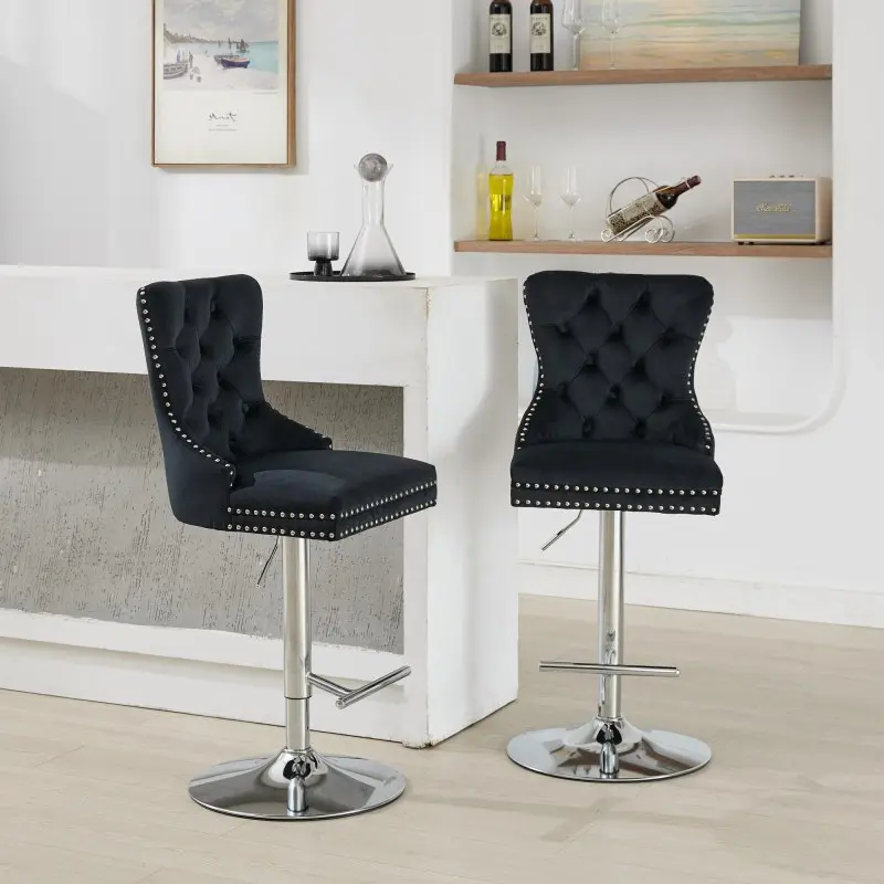 Velvet Upholstered Bar Stools Set of 2, Swivel Counter Height Chairs with Tufted High Back, Silver Metal Base, Adjustable Seat, Nailheads Trim for Pub, Kitchen Island, Black, Velvet Upholstery