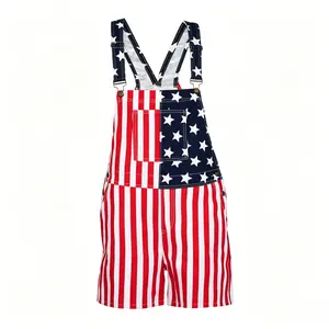 Unisex US Flag-Print Cropped Denim Overalls - Patriotic Summer Party Fashion Accessory Set Casual Fit