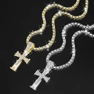 Hip-hop cross necklace with zinc alloy and rhinestone pendant, factory direct sale, versatile, diamond-studded, trendy hip-hop style, gold-plated