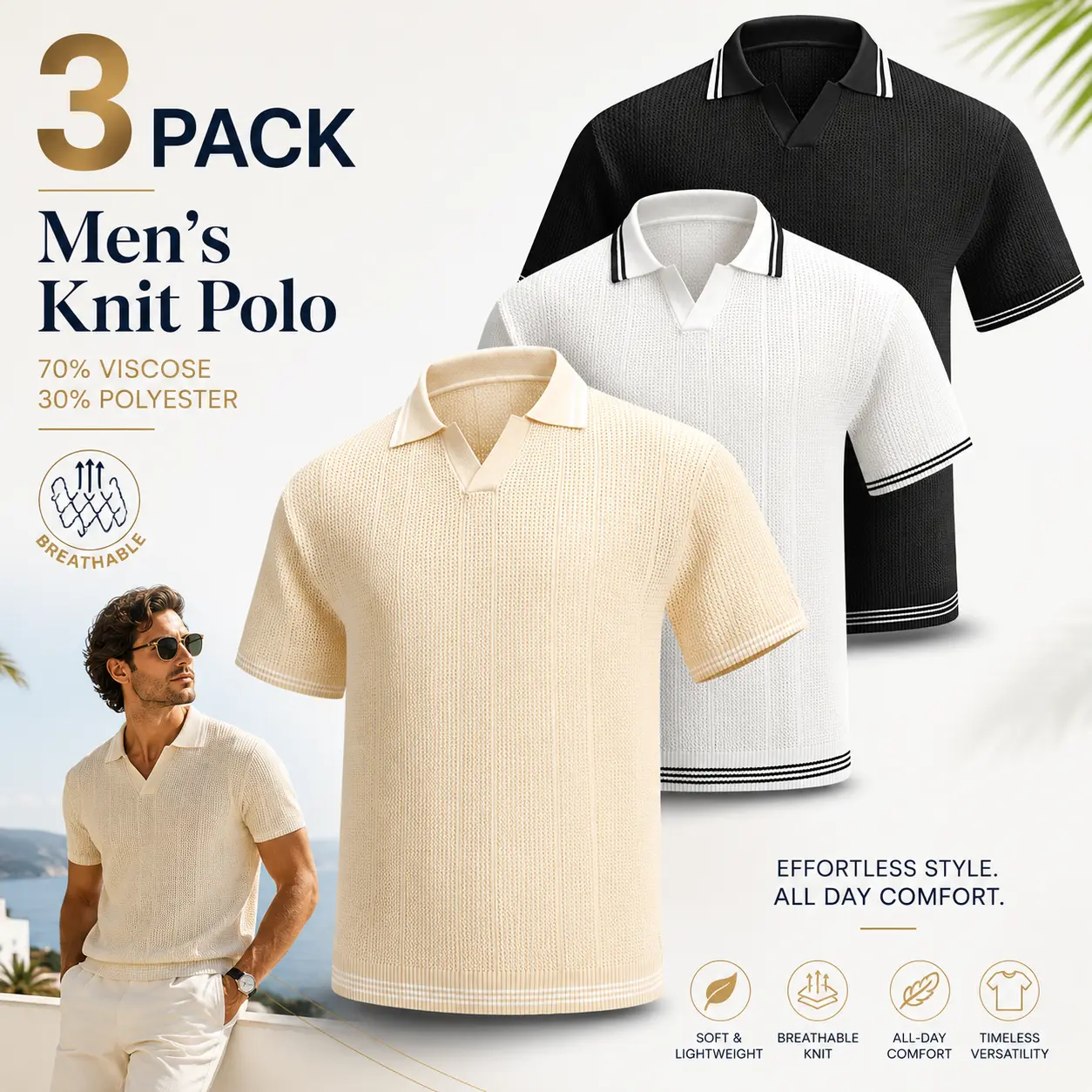 3-pack summer 3D cutout breathable knit short-sleeve Polo shirts for men with a V-neck; comfortable and soft—ideal for work, everyday wear, travel, and casual vacations.