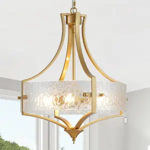 15.7 Inches Modern Gold Glass Chandelier 4-Light Drum Light Fixture Round Water Ripple Pendant Lighting for Dining Room Living Room Kitchen Island Office