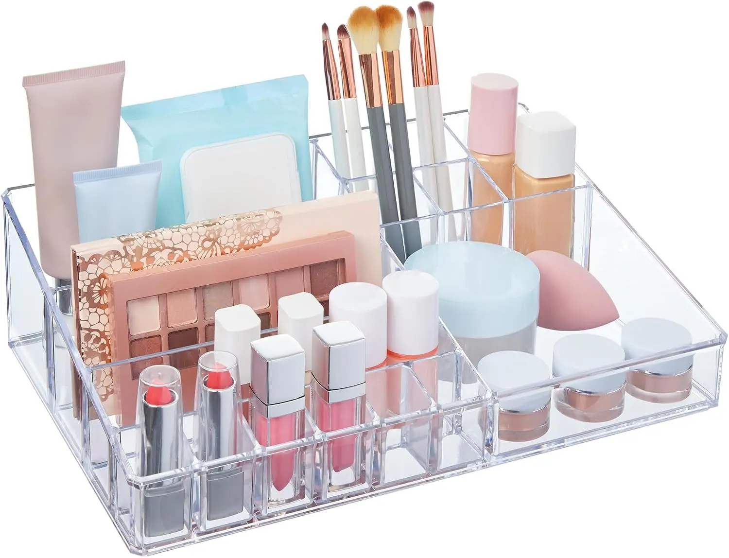 Audrey Clear Vanity Makeup Organizer | 15-Compartment Holder for Brushes, Eyeshadow Palettes, & Beauty Supplies | Stacks on Audrey Storage Drawers | Made in USA