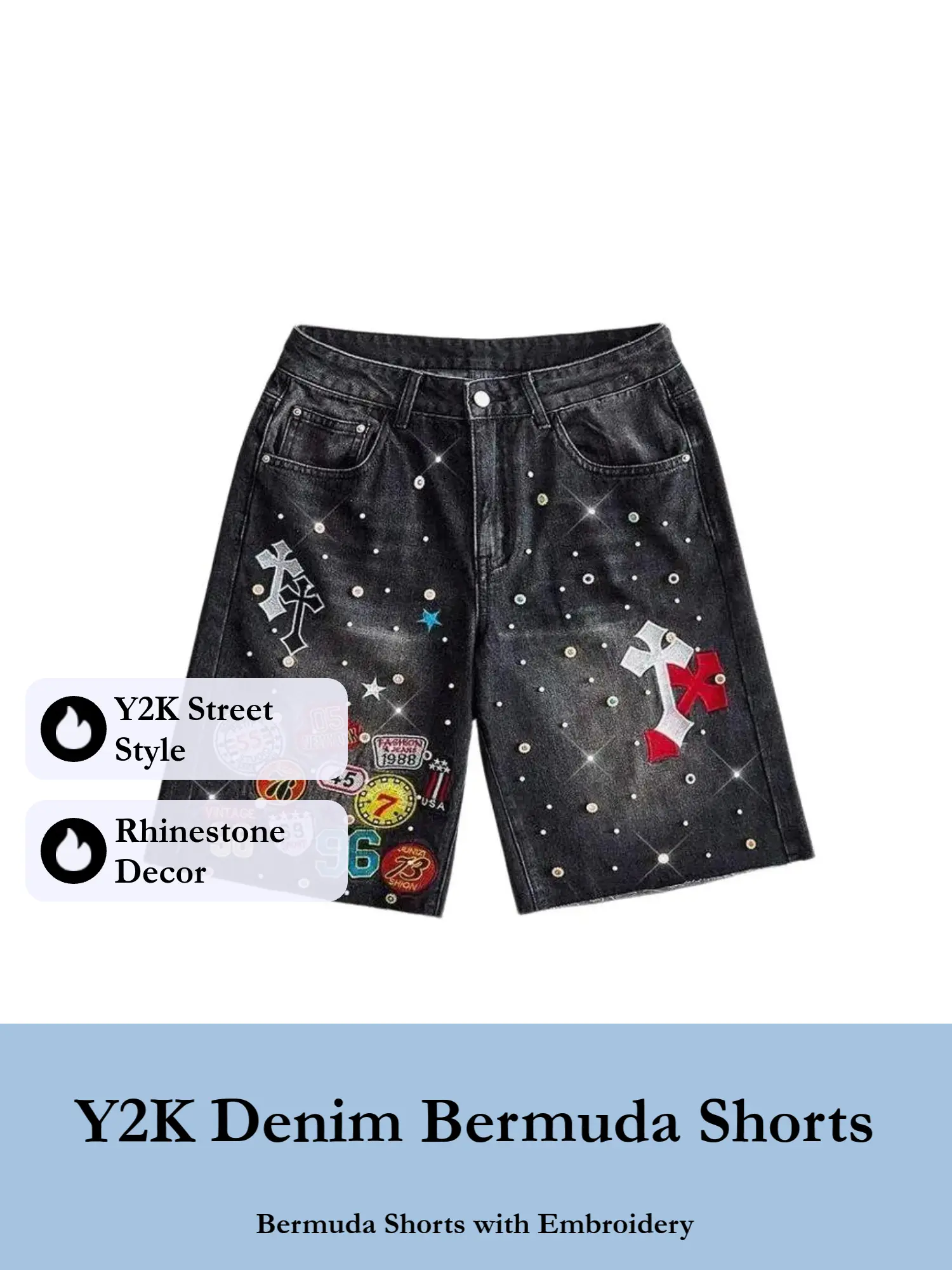 Street Life Y2K Street Style Baddie Cross & Number Embroidery Rhinestone Decor Low Waist Loose Straight Leg Denim Shorts, Spring/Summer