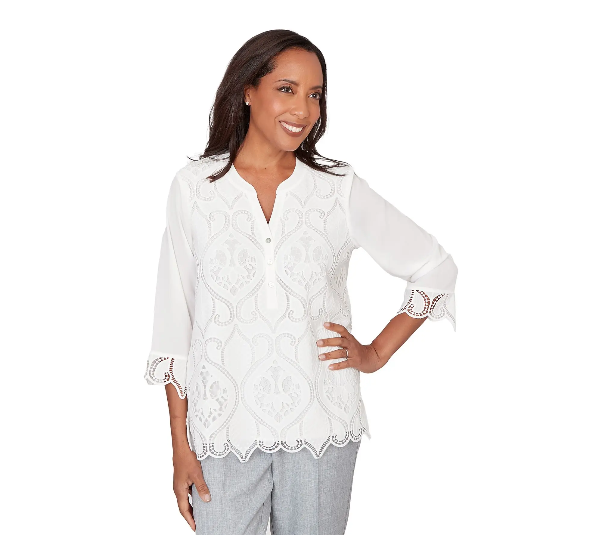 Alfred Dunner Petite Lace Front Henley Top