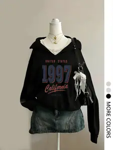 Women's Casual Fitted Long Sleeve Sweatshirt, Digital Letter Print Half Zip Thin Velvet Pullover, Ideal for Spring & Fall, Comfortable Fashion