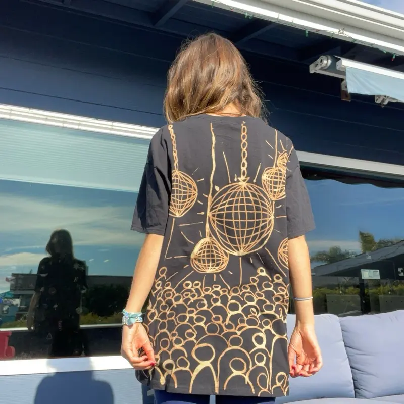 Sloopy Clothing Funky Hand Painted Disco Dancing Crowd Graphic Oversized Tee for Party Rave Festival Black T-Shirt